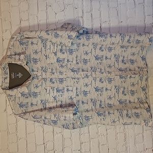 Men's XXL Blue Cream Tropical Print Palm Tree Vented Quick Dry Button Shirt